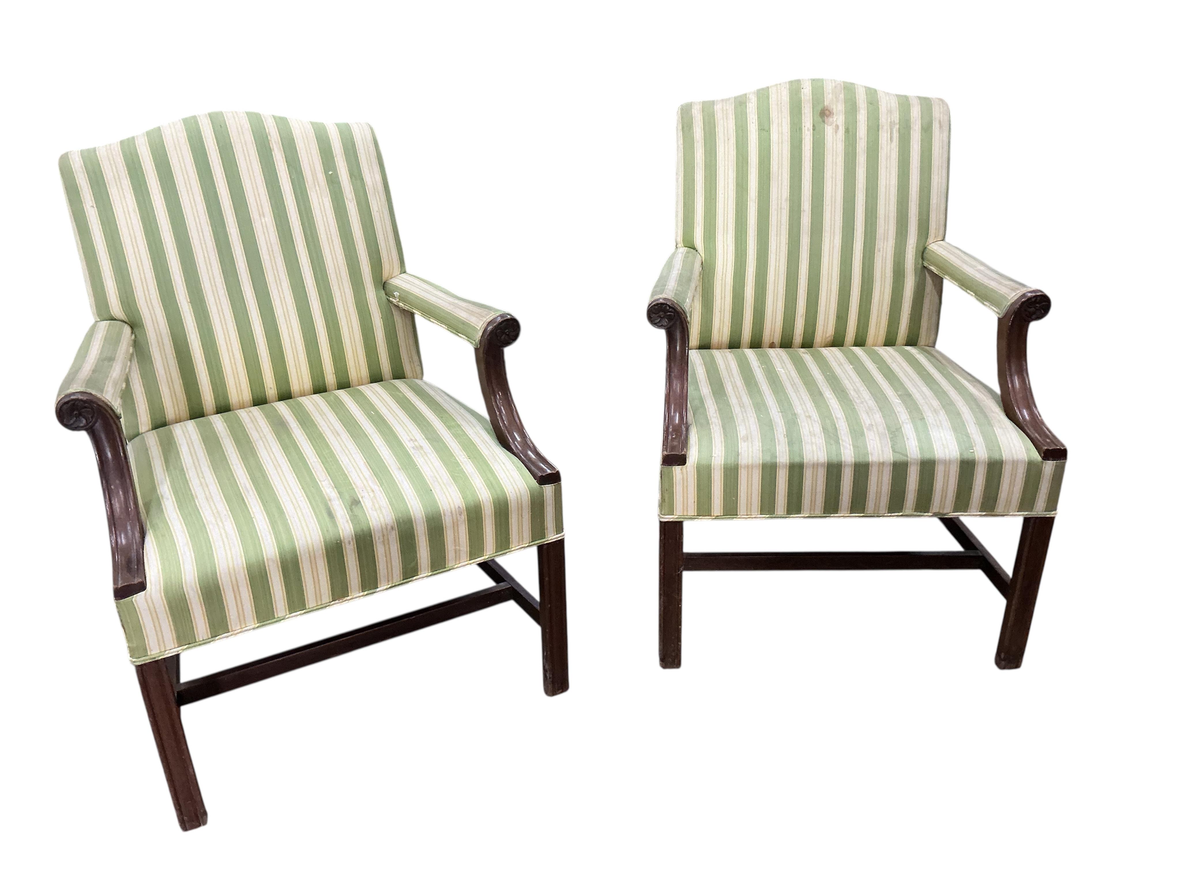 A set of five reproduction Gainsborough style upholstered mahogany elbow armchairs, width 66cm, depth 58cm, height 96cm